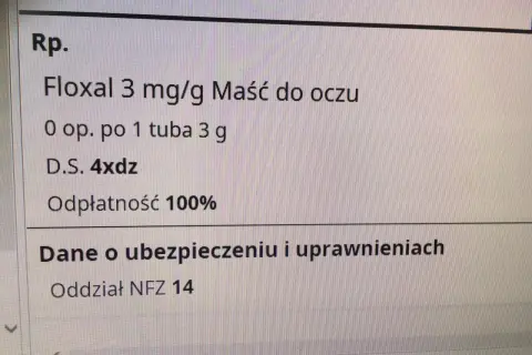 Fragment recepty na maść do oczu Floxal 3 mg/g, z informacją o dawkowaniu i odpłatności 100%.
