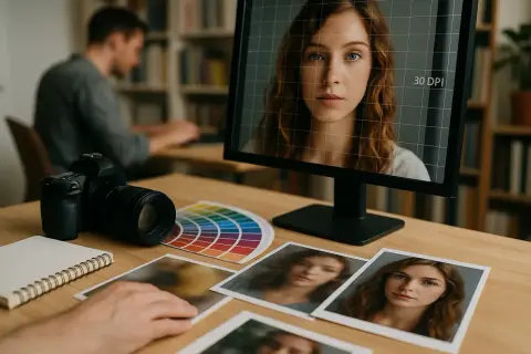 Grafik pracuje nad portretem kobiety, na ekranie widoczna siatka z oznaczeniem 30 dpi. Obok aparat, próbnik kolorów i wydrukowane zdjęcia.