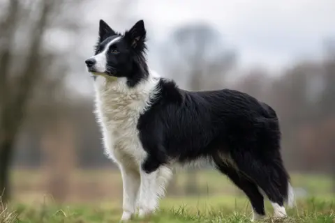 En border collie står stolt i gräset, dess intelligenta blick speglar dess alerta och vänliga border collie temperament.