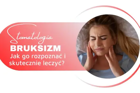 Kobieta cierpi na bruksizm, zaciskając zęby i masując policzki. Dowiedz się, co to jest bruksizm i jak go leczyć.
