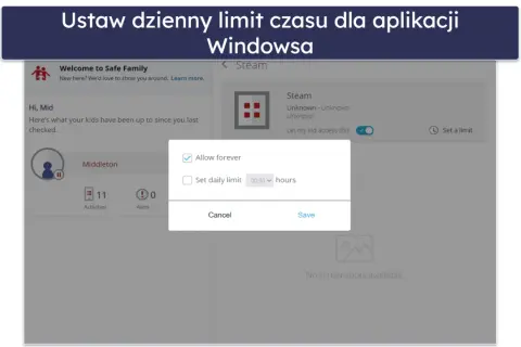 Ustawienia kontroli rodzicielskiej Windowsa: okno dialogowe pozwala ustawić dzienny limit czasu dla aplikacji Steam lub zezwolić na dostęp na stałe.