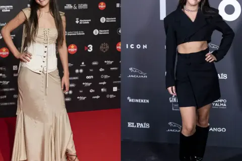 Amaia Romero luce dos looks: uno beige con corsé y falda satinada, y otro negro con blazer cropped y minifalda.