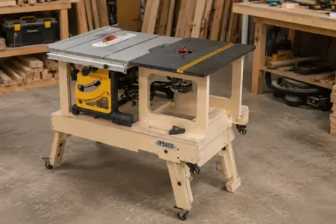DIY router table plans come to life with this mobile woodworking station featuring a table saw and router.