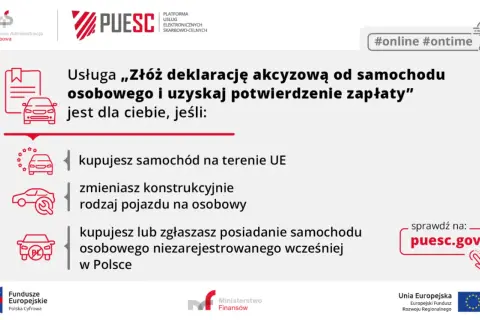 Złóż deklarację akcyzową za samochód osobowy online na PUESC. Dotyczy zakupu auta w UE, zmian konstrukcyjnych lub zgłoszenia pojazdu niezarejestrowanego.