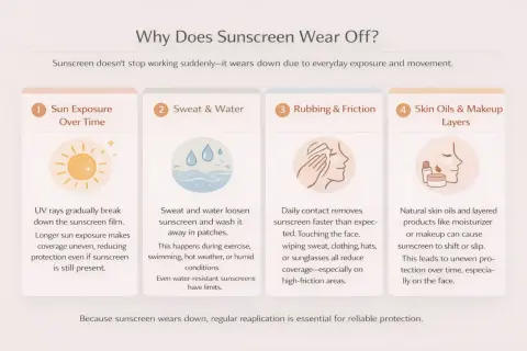 Explication des raisons pour lesquelles la durée de la crème solaire est limitée : exposition au soleil, transpiration, frottements et sébum/maquillage.
