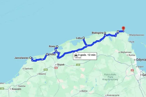 Trasa z Połczyna-Zdroju nad morze: przez Jarosławiec, Ustkę, Łebę do Władysławowa. 199 km, 3h 12 min.