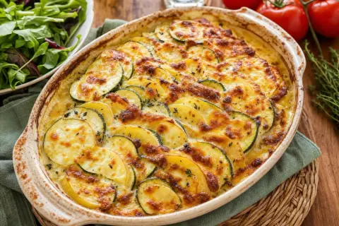 Un gratin de légumes doré et appétissant, avec des rondelles de courgettes et de pommes de terre gratinées au fromage.