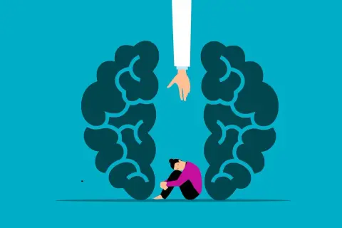 Osoba zmagająca się z ADHD, szukająca ukojenia w stimmingu, siedzi skulona wewnątrz symbolicznego mózgu. Pomocna dłoń wyciąga się ku niej.