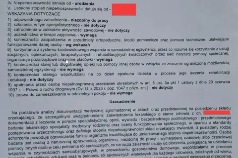 Orzeczenie o niepełnosprawności, wskazania dotyczące zatrudnienia i terapii, uzasadnienie stopnia niepełnosprawności.