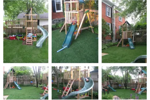 A DIY Montessori playground with wooden structures, slides, and swings, designed for imaginative outdoor play.