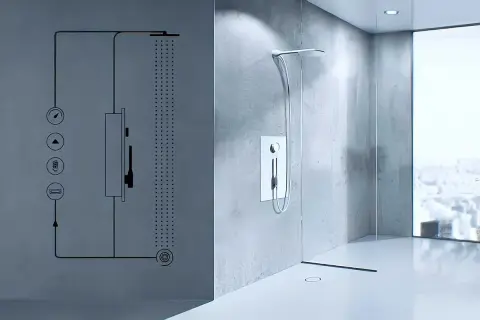 Schéma d'une douche moderne avec un système de douche recyclage eau. Le design épuré et la technologie innovante promettent une expérience de bien-être durable.