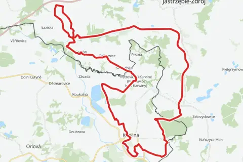 Mapa z zaznaczonymi trasami rowerowymi Małopolska, prowadzącymi przez tereny zurbanizowane i zielone.