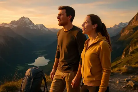 Couple admirant un paysage alpin au coucher du soleil, sac à dos prêt pour une randonnée de 3 jours.