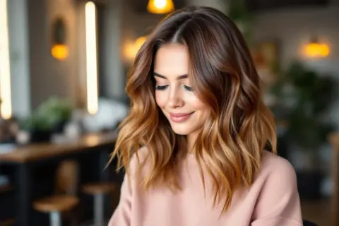 Une femme souriante avec une chevelure brune foncé aux reflets miel, un ombré hair subtil qui illumine son visage.