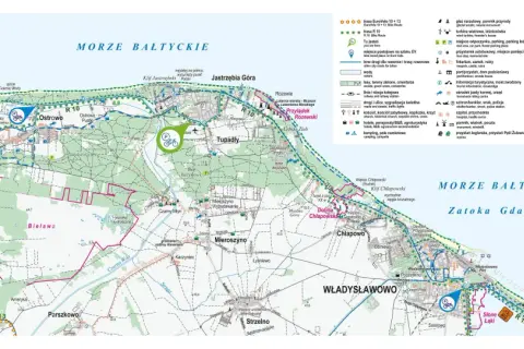 Mapa turystyczna z zaznaczoną trasą rowerową Jastrzębia Góra Dębki, prowadzącą przez Karwię, Ostrowo i Władysławowo, wzdłuż Morza Bałtyckiego.