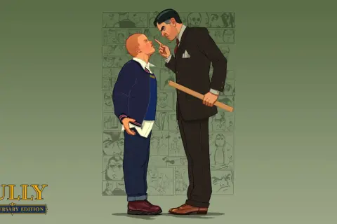 Nauczyciel grozi linijką uczniowi na tle komiksowych paneli z postaciami.