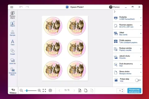 Ekran programu Epson Photo+ z widokiem sześciu okrągłych naklejek z kotami i opcjami drukowania.