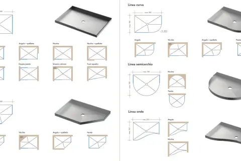 Schemi e immagini di piatti doccia: linee quadre, curve, semicirchi e onde, con varie opzioni di installazione (angolare, nicchia, parete). Guida alle misure piatti doccia.