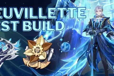 Neuvillette z Genshin Impact w niebieskim stroju, obok artefaktów. Tekst "NEUVILLETTE BEST BUILD" sugeruje poradnik.