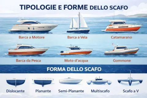 Diverse tipologie di barche e forme dello scafo. La scelta del colore, ad esempio per una barca a motore bianca con scafo arancione, dipende dal gusto personale.