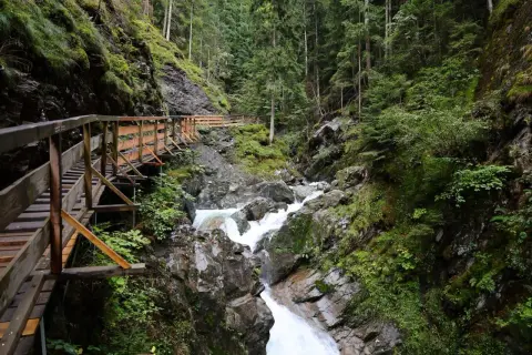 Sentier en bois longeant une cascade tumultueuse dans les gorges du Fier, au cœur d'une forêt verdoyante.