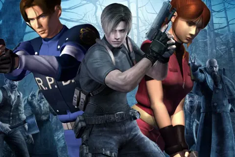 Leon i Claire walczą z hordą zombie w mrocznym lesie. To scena z Resident Evil Requiem PS4.