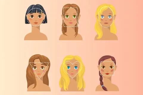 Illustration av sex ansiktsformer med olika frisyrer, inklusive korta frisyrer, som visar hur olika hårstilar kan framhäva ansiktsdrag.