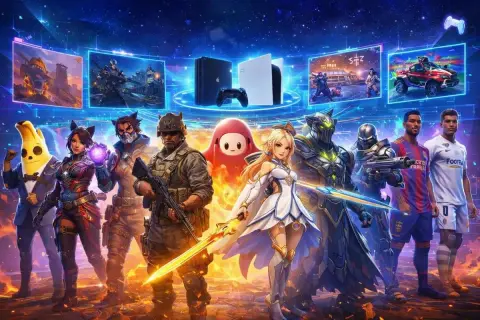 Postacie z gier, w tym żołnierz, wojowniczka i banan, stoją obok konsol PS4 i PS5, sugerując darmowe gry na PS4.