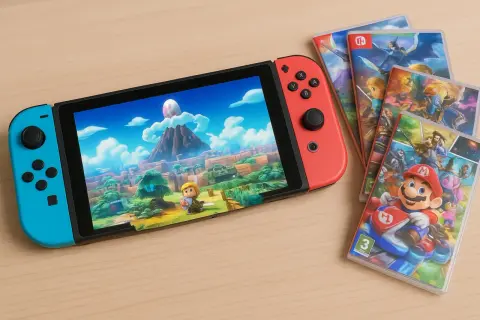 Nintendo Switch z Linkiem na ekranie i kilkoma okładkami gier, w tym Mario. To idealne miejsce na odkrywanie najlepszych gier na Nintendo Switch.