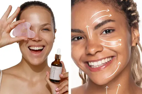 Uśmiechnięta kobieta prezentuje różowy kamień do masażu gua sha i serum. Strzałki na twarzy drugiej kobiety pokazują kierunek masażu.