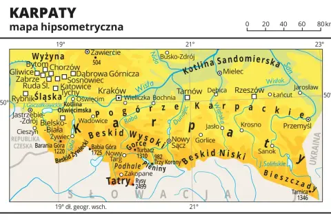 Mapa hipsometryczna Karpat w Polsce, ukazująca pasma górskie, rzeki i miasta. Widoczne Tatry, Beskidy, Bieszczady.