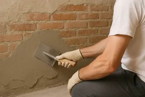 Man aplicando revoque sobre pared de ladrillos, mostrando la capilaridad del agua al penetrar en los poros.