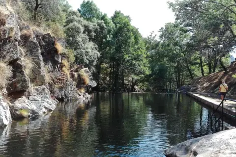Un hombre camina por el borde de piscinas naturales cerca de la alberca, rodeadas de rocas y vegetación frondosa.