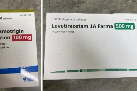 Två medicinförpackningar: Lamotrigin Orion 100 mg och Levetiracetam 1A Farma 500 mg. Lamotrigin kan ge positiva effekter vid behandling.