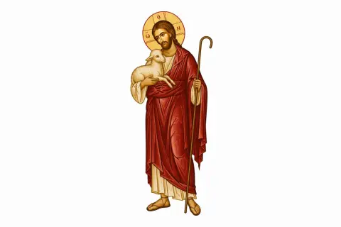 Jezus dobry pasterz, z owieczką na ramionach i laską pasterską, w czerwonej szacie i z nimbem.