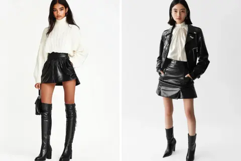 Zwei Models zeigen, wie man einen schwarzen Leder-Mininirock kombiniert: einmal mit weißem Strickpullover und Overkneestiefeln, einmal mit Lederjacke und Stiefeletten.