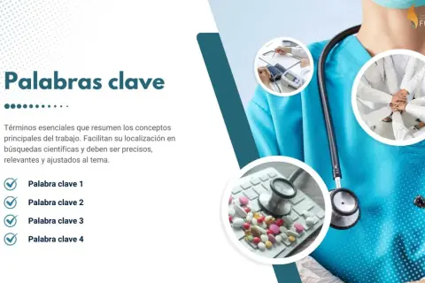 Plantilla póster científico con "Palabras clave" y listado. Imágenes de equipo médico y pastillas.