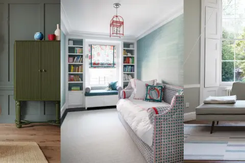 Ideas on how to style a daybed: a patterned daybed with pillows, a built-in daybed with bookshelves, and a minimalist daybed by a window.