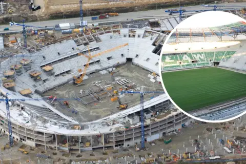 Budowa stadionu Tarczyński Arena. Widok z lotu ptaka na postęp prac budowlanych i gotową murawę.