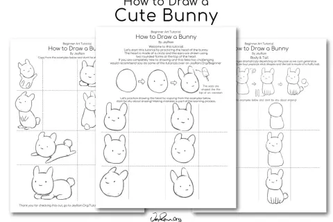 Tutorial para un kawaii conejo dibujo facil. Muestra cómo dibujar la cabeza, el cuerpo y la cola de un conejito paso a paso.