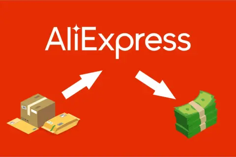 Paczki i koperty skierowane strzałkami do stosu pieniędzy. Ilustracja procesu zwrotów na AliExpress.
