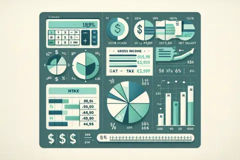 Grafik visar hur mycket betalar man i skatt. En kalkylator, cirkeldiagram och stapeldiagram illustrerar inkomster, utgifter och nettolön.