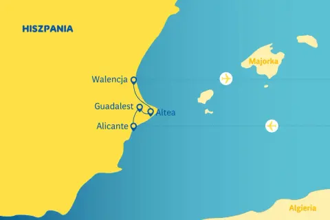 Mapa pokazuje Hiszpanię, gdzie jest Walencja, Alicante i Majorka. Widać też loty między tymi miejscami.