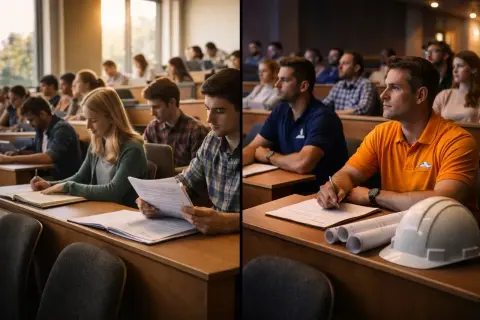 Studenci na wykładzie, jedni z notatkami, inni z planami budowlanymi. Czy warto iść na studia? Decyzja należy do Ciebie.