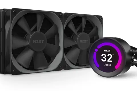 Nowoczesne chłodzenie cieczą NZXT z dwoma wentylatorami i okrągłym wyświetlaczem pokazującym temperaturę 32°C.