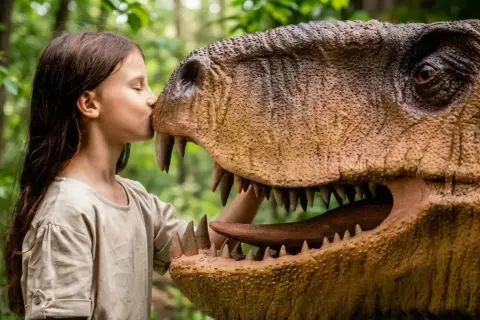 Dziewczynka całuje dinozaura w Juraparku. Sprawdź nasz jurapark cennik i zaplanuj niezapomnianą przygodę!