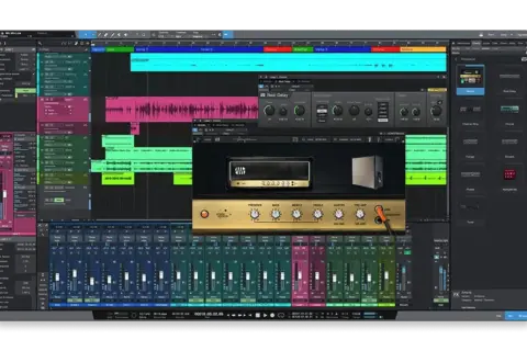 A digital audio workstation free interface displays audio tracks, a mixer, and virtual amp plugins, perfect for music production.
