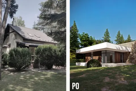 Przed i po metamorfozie: stary dom zyskał nowoczesną nadbudowę z kamienia i drewna, tworząc imponującą bryłę.