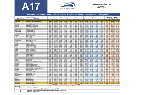 Rozkład jazdy A17: Wieliczka - Biskupice - Sułów - Dobranowice - Grajów - Dobczyce - Raciechowice - Szczyrzyc.