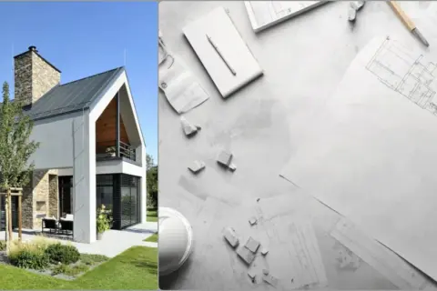 Nowoczesny dom z kamiennym kominem i plany architektoniczne.